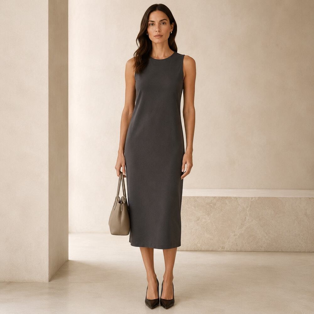 Quiet Luxury Vince Ribbed Pencil Sheath Midi Dress Charcoal Gray Minimalist L